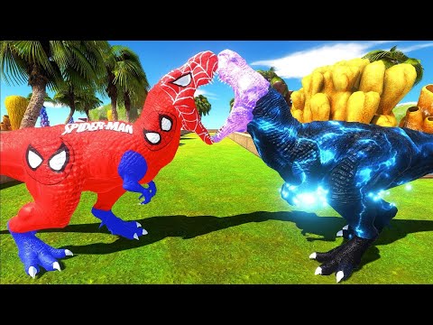 SPIDERMAN T-REX vs ELECTRO T-REX DEATH RUN JUNGLE - Animal Revolt Battle Simulator