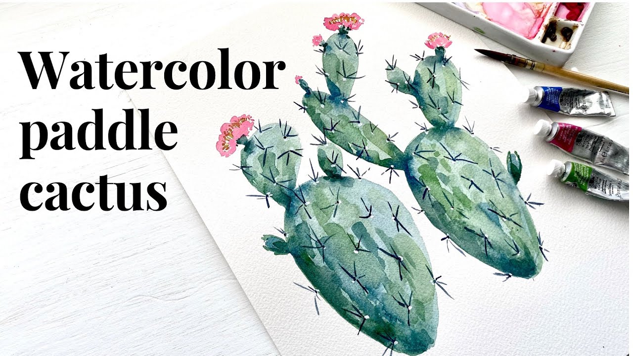 Watercolor paddle cactus tutorial - step by step process for