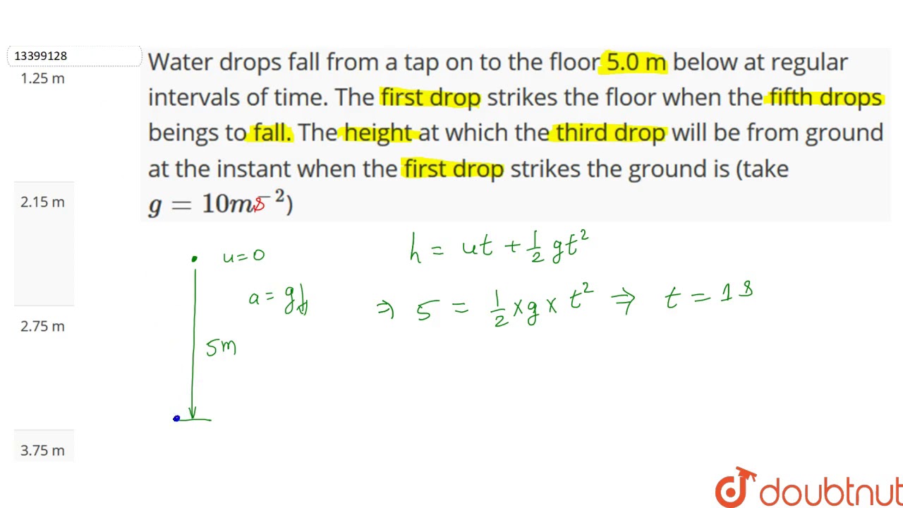Water drops fall from a tap on to the floor 5.0 m below at regular intervals of time. The first ...
