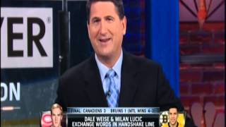 Milan Lucic's trip through the hand shake line. Threatens Dale Weise and Alexei Emelin