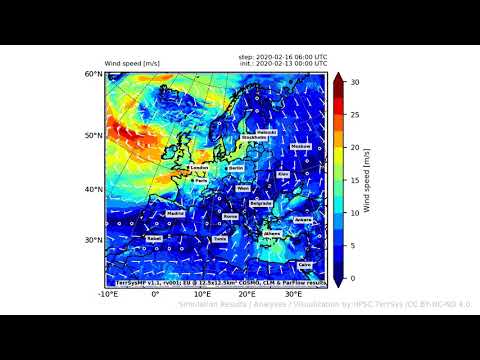 TerrSysMP monitoring run 2020-02-13 - wind speed - Europe (132h)