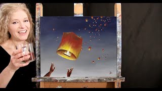 Learn How to Draw and Paint SKY LANTERNS - Paint and Sip at Home - Beginner Acrylic Painting Lesson