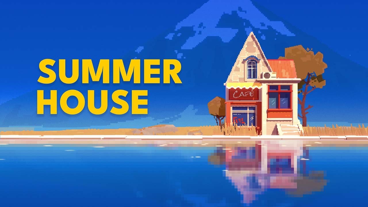 Promotional still showing SUMMERHOUSE pixel art building progression in a cozy sandbox