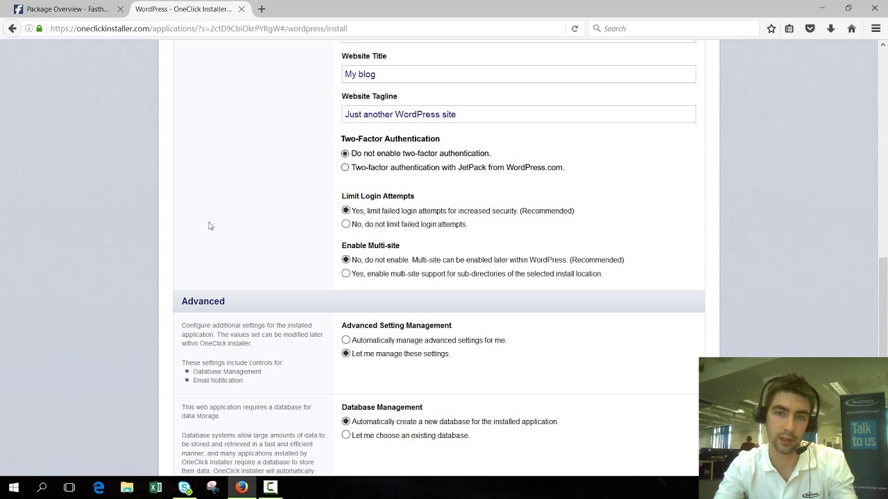 Installing WordPress using the OneClick Installer