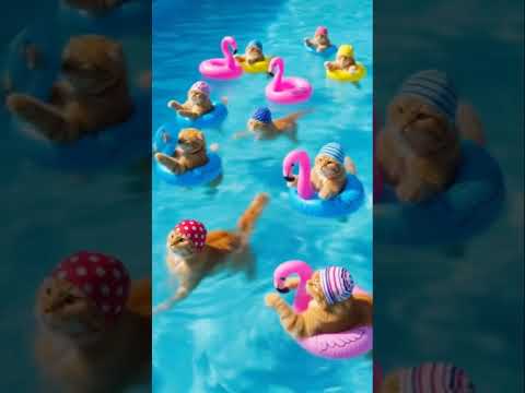A squad of cats wearing swim caps doing water aerobics in a bright blue pool with #DreamScreenAI