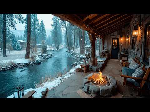 Winter Riverside Cabin Porch Campfire & Nature Sounds That Instantly Calms You