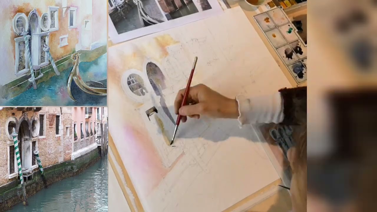 Watercolor Venice Canal. Calm Step-by-Step Painting Process. Gondola & Reflections