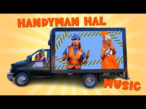 Thumbnail showing a black utility truck with people in orange safety vests and helmets, promoting 'Handyman Hal Music' on a yellow sunburst background