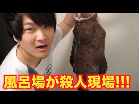 特大あんこうを風呂場で吊るし切りして食べるよ！！