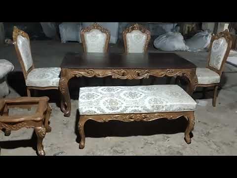 Marble top 6 seater teak wood dining table set