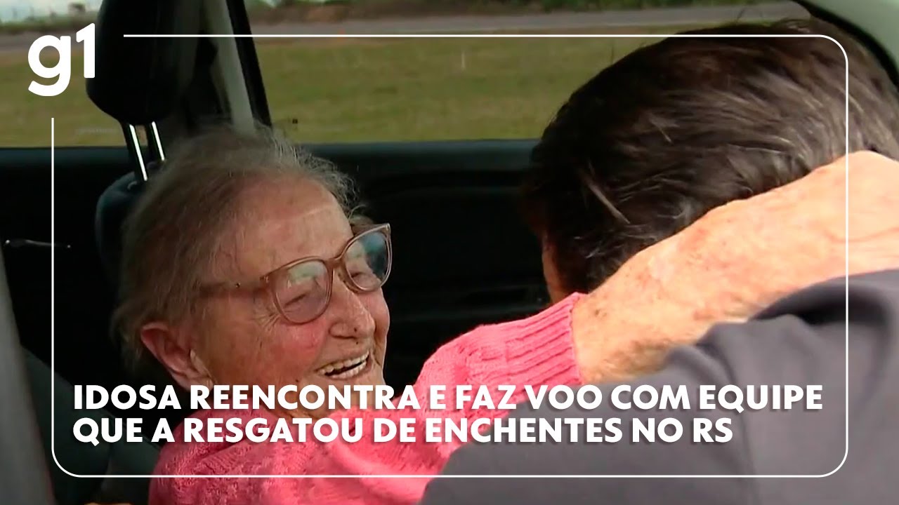 Idosa reencontra e sobrevoa cidade com equipe que a resgatou de enchente no RS #g1