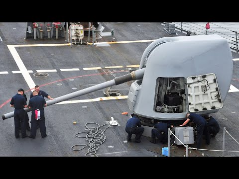 Shooting the Ultra Powerful Mk-45 Naval Gun [Maintenance & Training | Compilation]