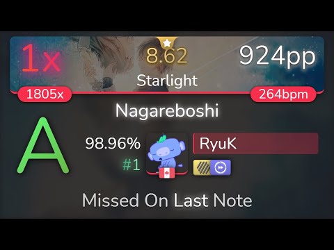 RyuK | Amatsuki - Nagareboshi [Starlight] +HDDT 98.96% {#1 924pp 1❌} - osu!