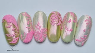 Sugared texture nail art and aurora chrome applications in various way