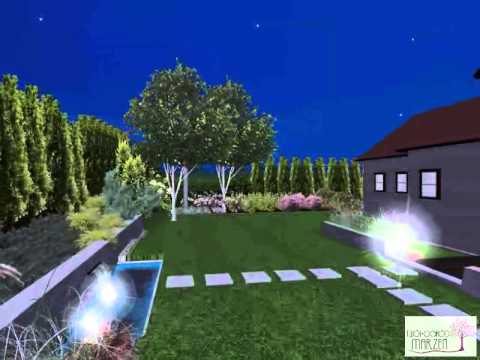 Wizualizacja 3D - projekt ogrodu w stylu nowoczesnym - spacer w nocy/Wieliczka/