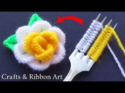 Amazing Woolen Rose Making Ideas with Fork - DIY Woolen Flowers - Hand Embroidery Amazing Trick