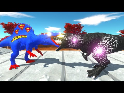 BLACK SPIDERMAN T-REX VS SUPERMAN SPINOSAURUS DEATH FALL - Animal Revolt Battle Simulator