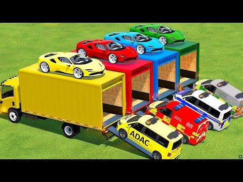 TRANSPORTING COLORED SUPERCARS &  MERCEDES POLICE CARS WITH TRUCK - Farming Simulator 22 !