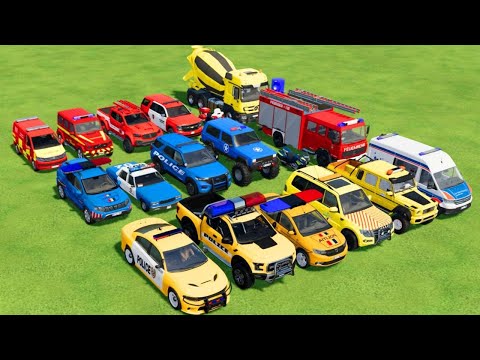 TRANSPORTING POLICE CARS, AMBULANCE, FIRE TRUCK, COLORFUL CARS WITH TRUCK  -FARMING SIMULATOR 22!