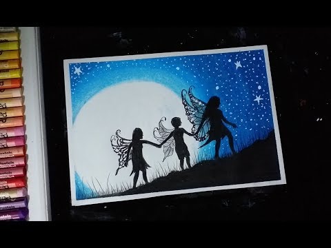 Drawing Family fairy and moonlight scenery with oil pastels new from colorHand