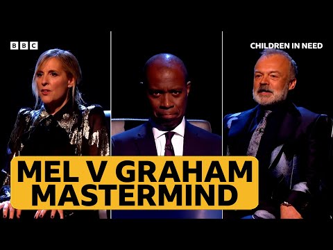 Graham Norton and Mel Geidroyc in the Mastermind black chair | BBC Children in Need 2021