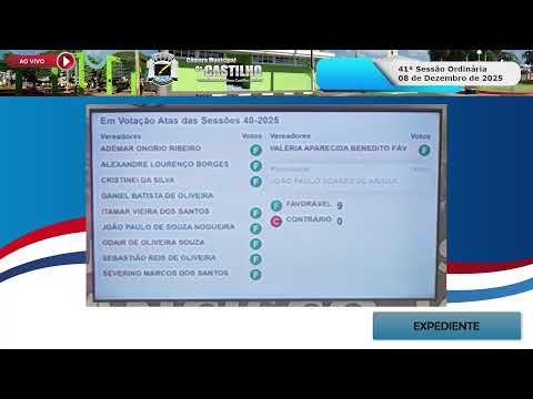 41ª Sessão da Câmara de Castilho tem votação de orçamento municipal para 2026
