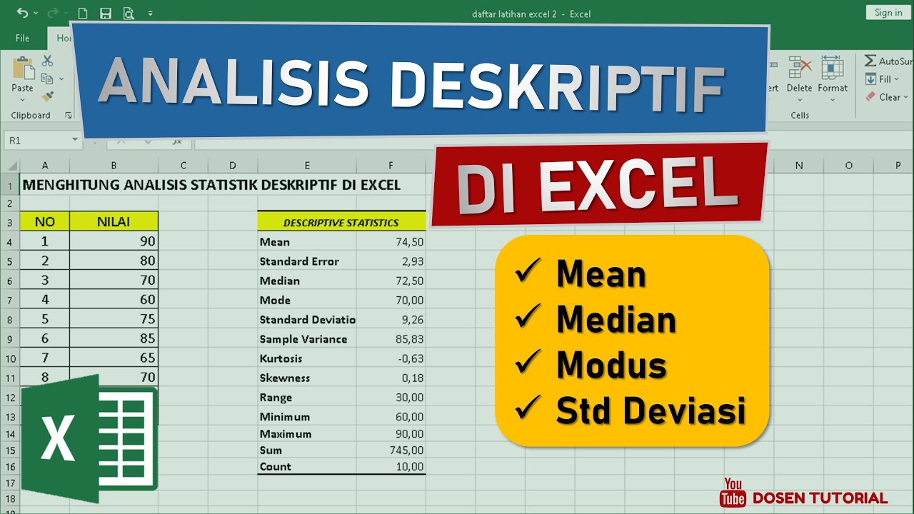 Menghitung Analisis Statistik Deskriptif di Excel | Mean, Median, Modus, Standar Deviasi