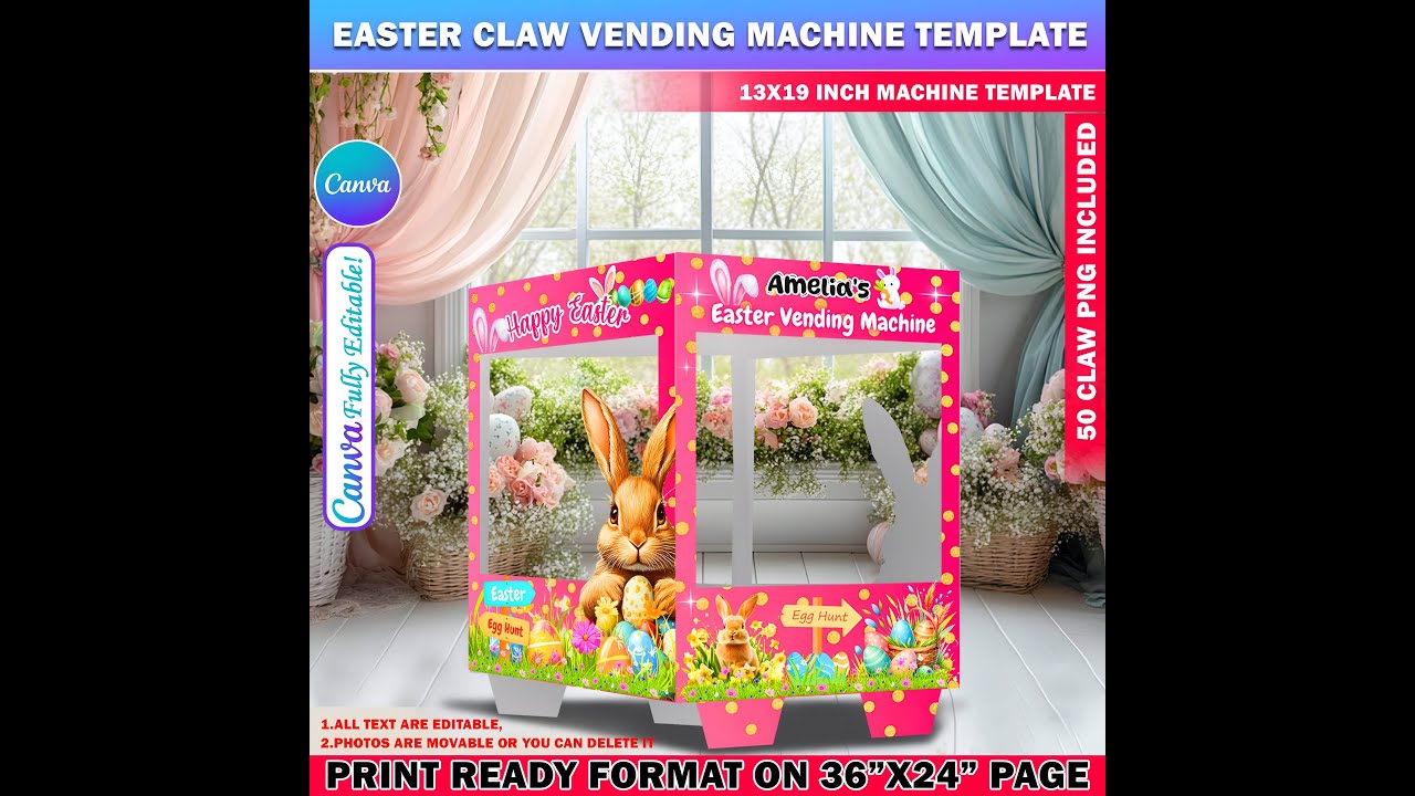 Canva Easter Claw Vending Machine Template Bundle, 13 x 19 Easter Template, 50 Claw Panel PNG