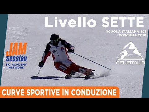 Curva sportiva in conduzione - Livello 7 della Scuola Sci Italiana illustrato da Jam Session