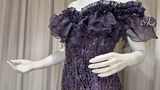 فستان تل موف ماكسي مطرز  باكمام off shoulder وقصة الحورية