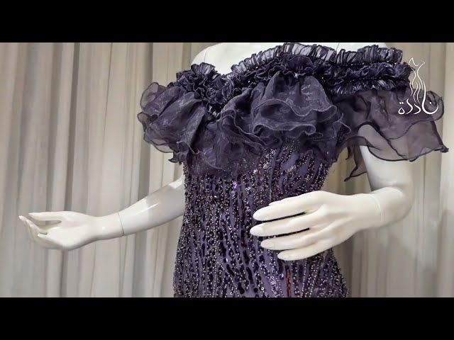 فستان تل موف ماكسي مطرز باكمام off shoulder وقصة ا...