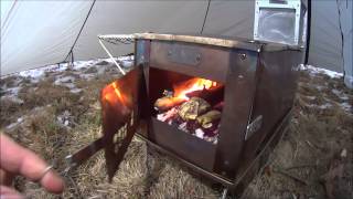 Riley stove spark box test burn on a Large Kifaru stove.