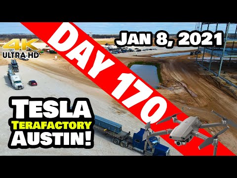 Tesla Gigafactory Austin 4K  Day 170 - 1/8/21 - Terafactory TX - CONSTANT TRUCK-TRAINS OF MATERIALS!