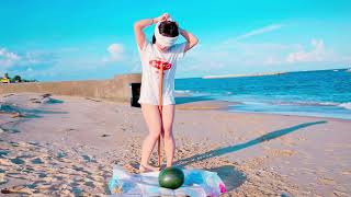 浜辺でスイカをたたいて遊んだ