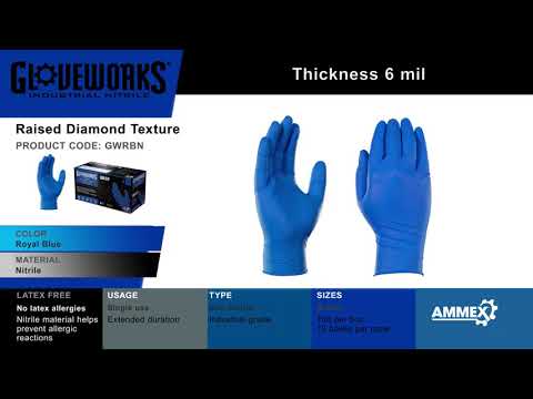 Gloveworks GWRBN Product Video. Blue Industrial-Grade 6-Mil Raised Diamond Texture Nitrile Glove
