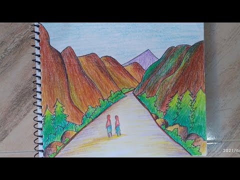 Easy Mountain Scenery drawing/ Plastic Crayons drawing for beginners/ how to draw Mountain view