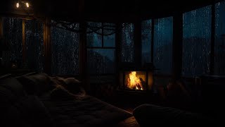 Rainy Night Forest in a Wooden Cabin | Fireplace Warmth with Sleep Rain Sounds