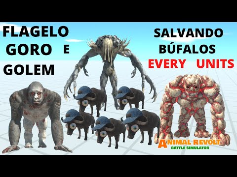 Flagelo, Goro e Golem Salvando Búfalos Corredores  - Animal Revolt Battle Simulator