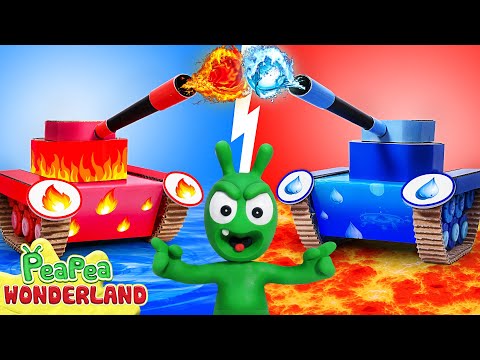 Pea Pea's 4-Element Cardboard Tank Battle! - fun cartoon | Pea Pea Wonderland