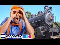 Blippi Explores A Steam Train Playground For Children Educational Videos Moonbug Kids