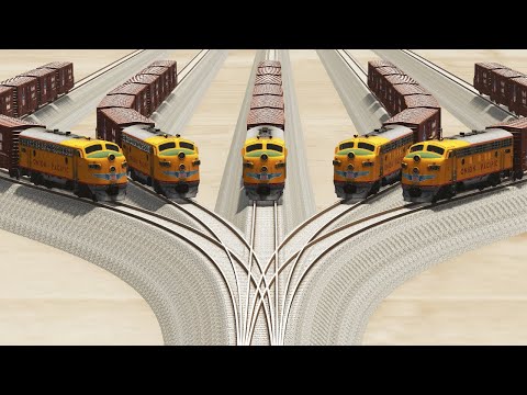 Impossible Five Rail Tracks Merging Crossover Vs Trains Crossing - BeamNG.Drive