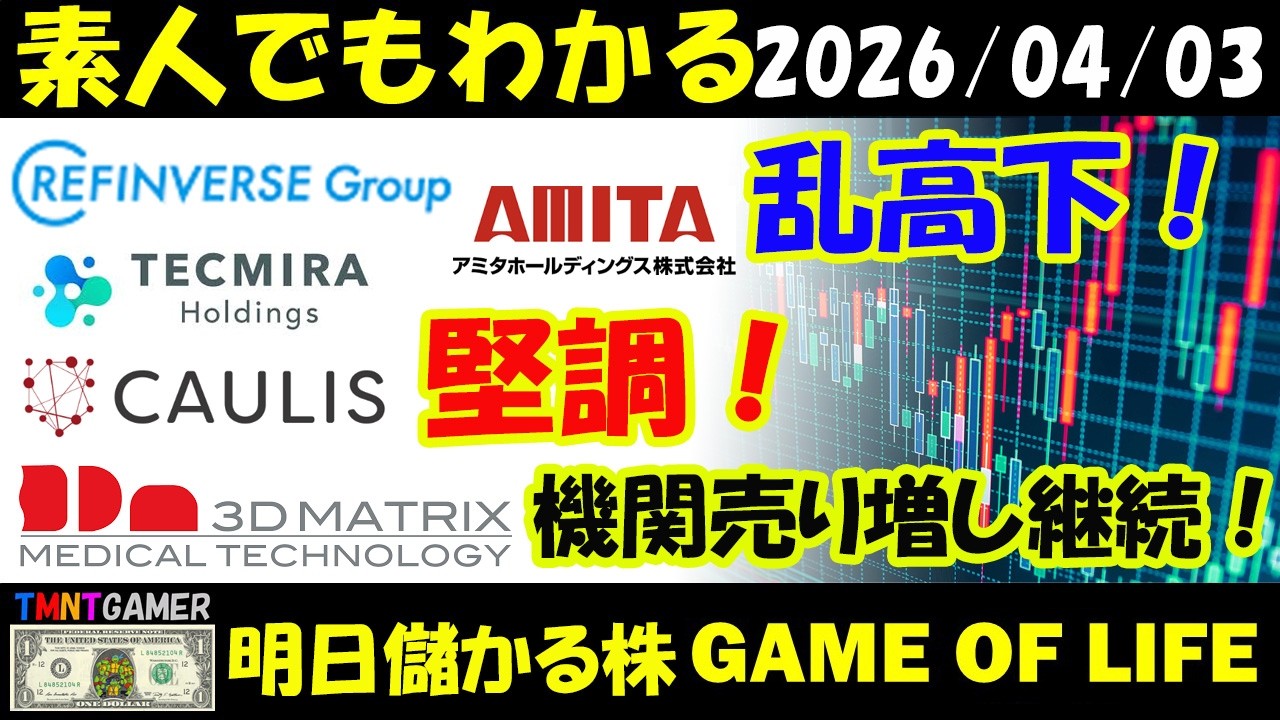 【明日のテンバガー株】リファインバースグループ！アミタホールディングス！テクミラホールディングス！乱高下！カウリス！堅調！スリー・ディー・マトリックス！機関売り増し！【20260403】