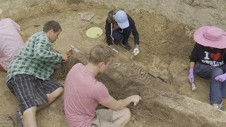 Rozkopana ziemia. Szczątki ludzkie i szkielet konia znaleziono w Wilczycach
