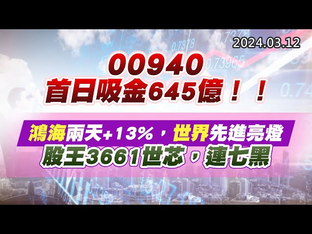 20240312《股市最錢線》#高閔漳 “00940首日吸金645億！！”” 鴻海兩天+13%，世界先進亮燈；股王3661世芯，連七黑”