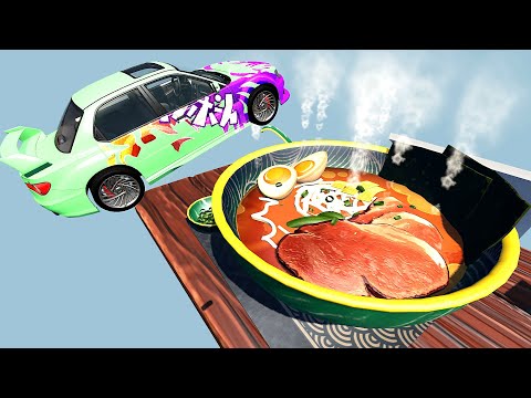 Jumping Cars Over Hot Ramen - BeamNG.Drive