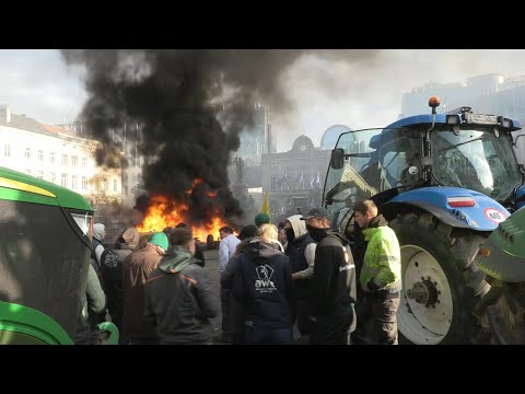 Video | Farmers light fires outside European Parliament building in Brussels | AFP