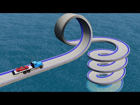 Impossible Loop Spiral Bridge Crossing Cars Vs Cliff and Deep Water - BeamNG.Drive
