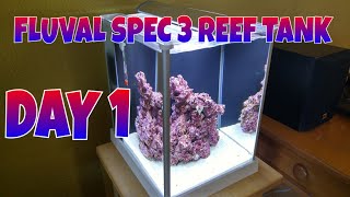 How to setup a Fluval SPEC 3 Reef tank, DAY 1 cycling, setup with live rock, live sand, Finnex LED