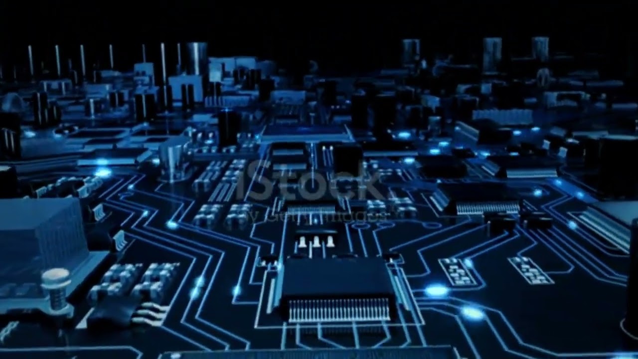 Futuristic circuit board with moving electrons. Loopable. Technology