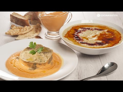 SALMOREJO con berenjena asada y HUMMUS de lentejas - Receta saludable y vegana de Bruno Oteiza